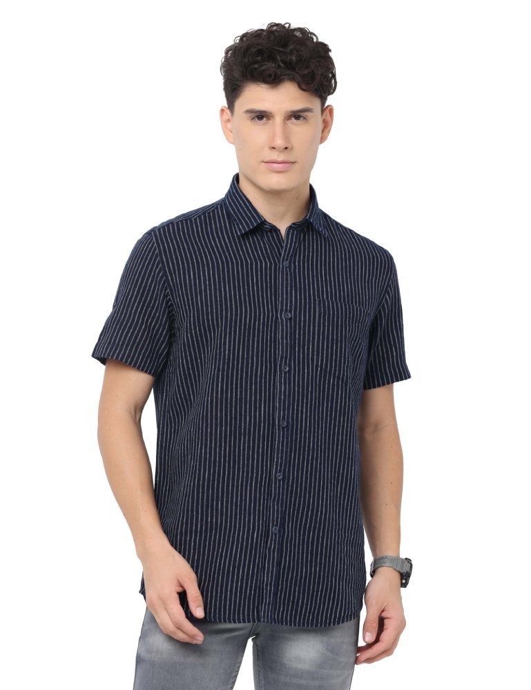 Indigo Single Stripes Cotton Linen Shirt - VEERYA